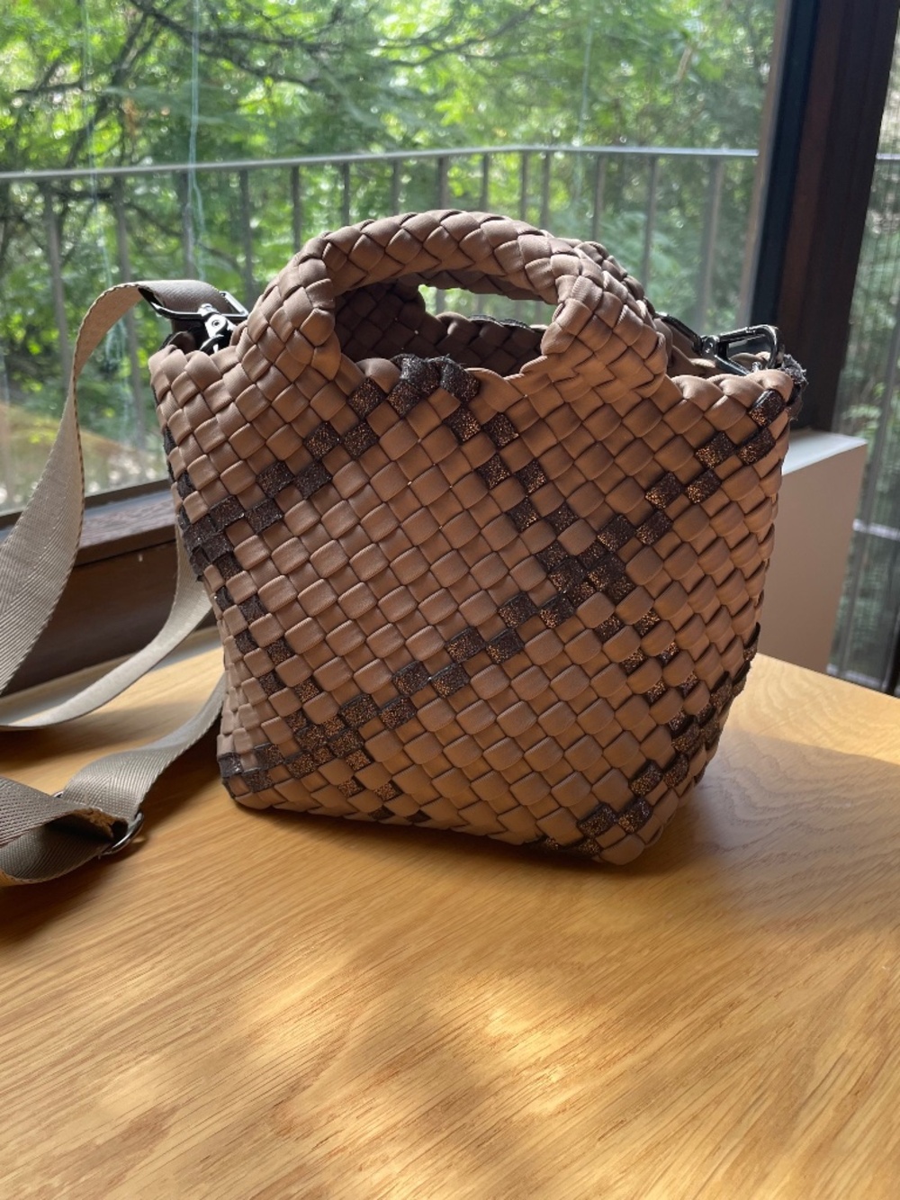 NAGHEDI St. Barths Petit Tote Taupe and bronze metallic weave crossbody strap